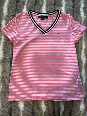 Tommy Hilfiger Pink & White Striped V-Neck Tee with Contrast Trim